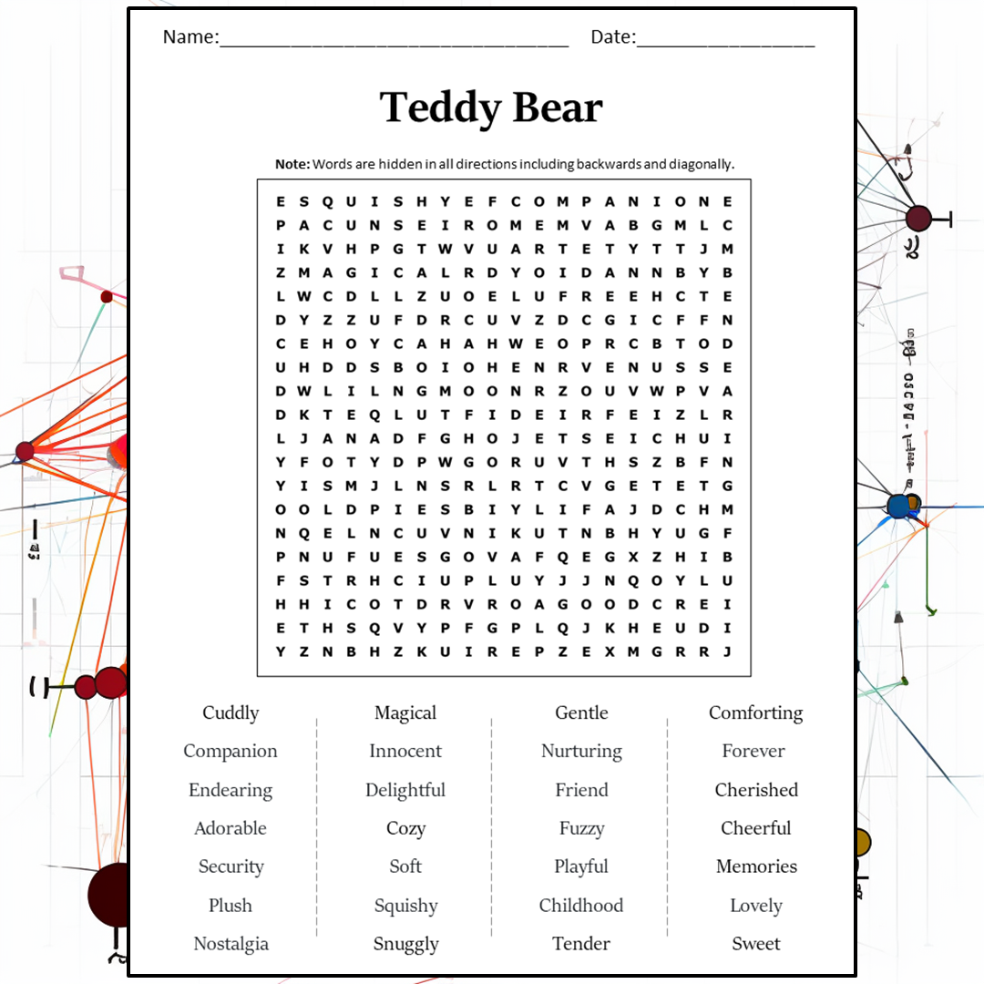 Teddy Bear Word Search Puzzle Worksheet Activity PDF