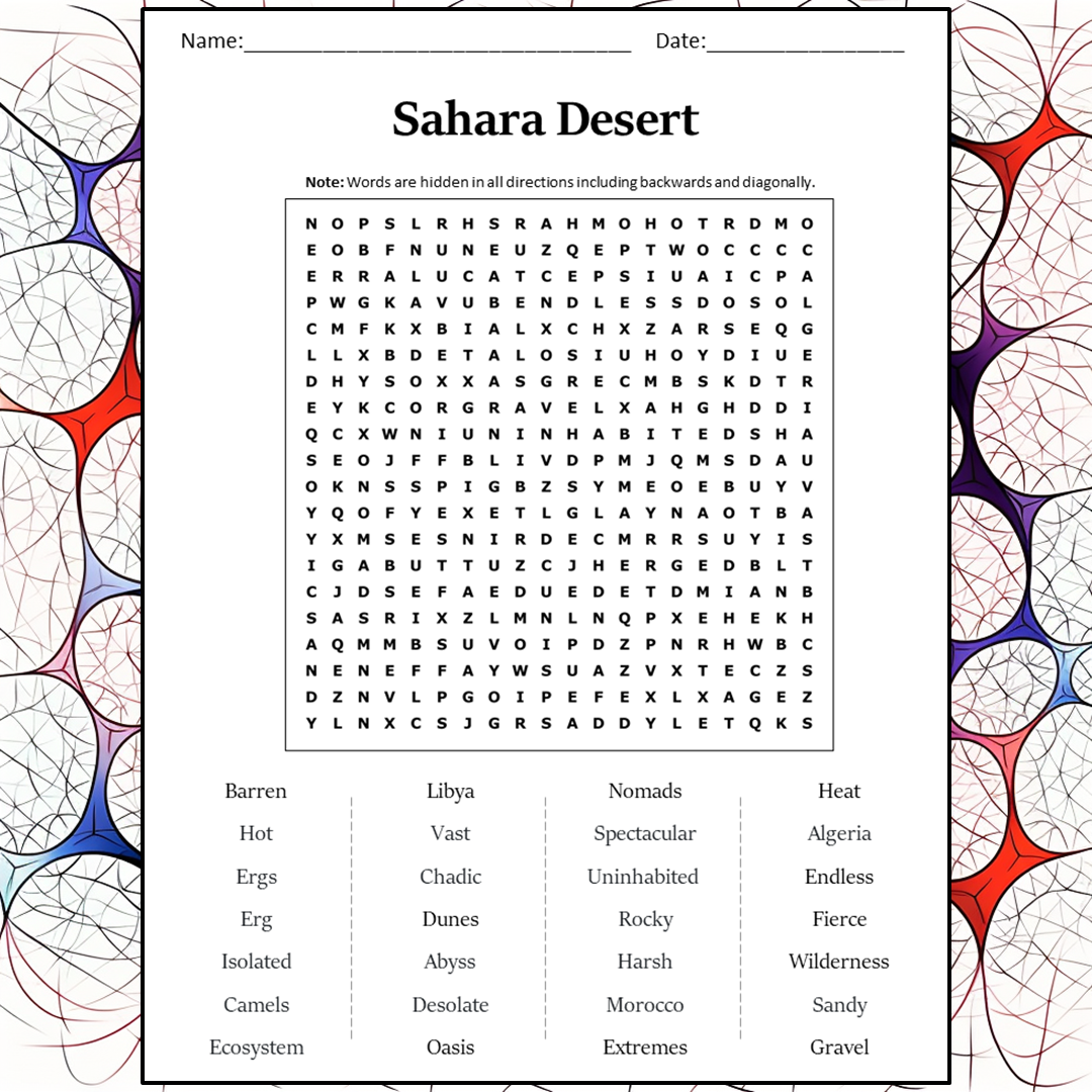 Sahara Desert Word Search Puzzle Worksheet Activity PDF