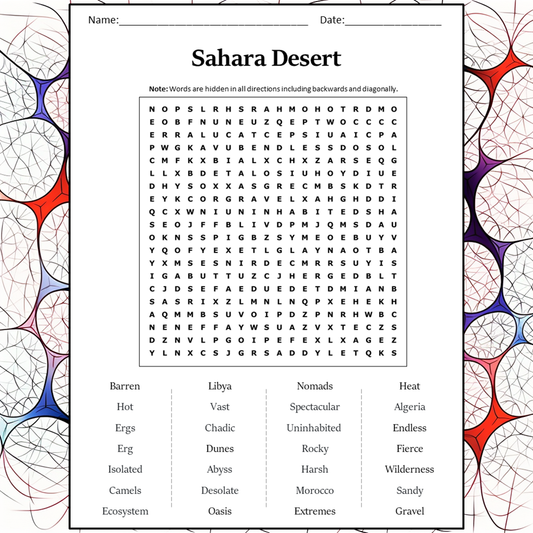 Sahara Desert Word Search Puzzle Worksheet Activity PDF