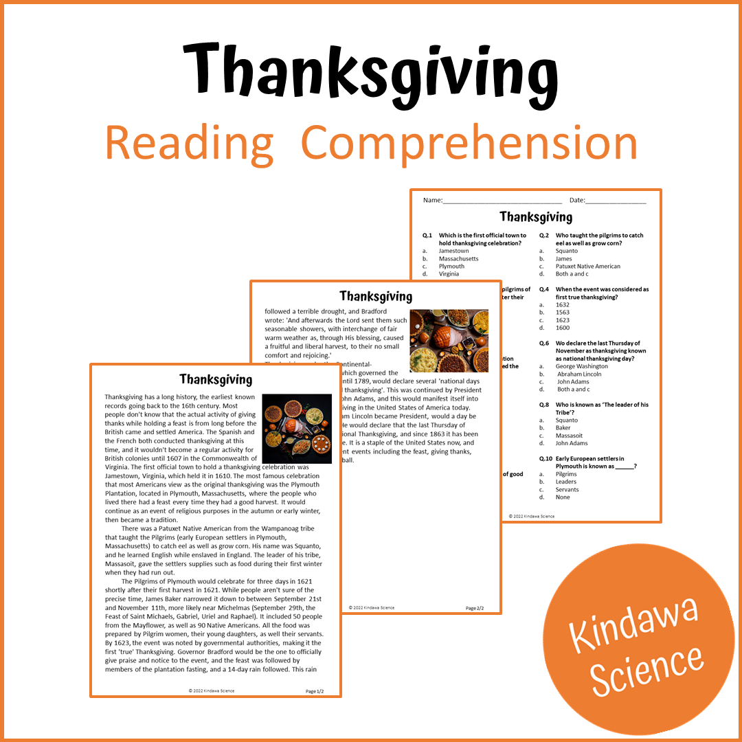 Thanksgiving Reading Comprehension Passage and Questions | Printable PDF