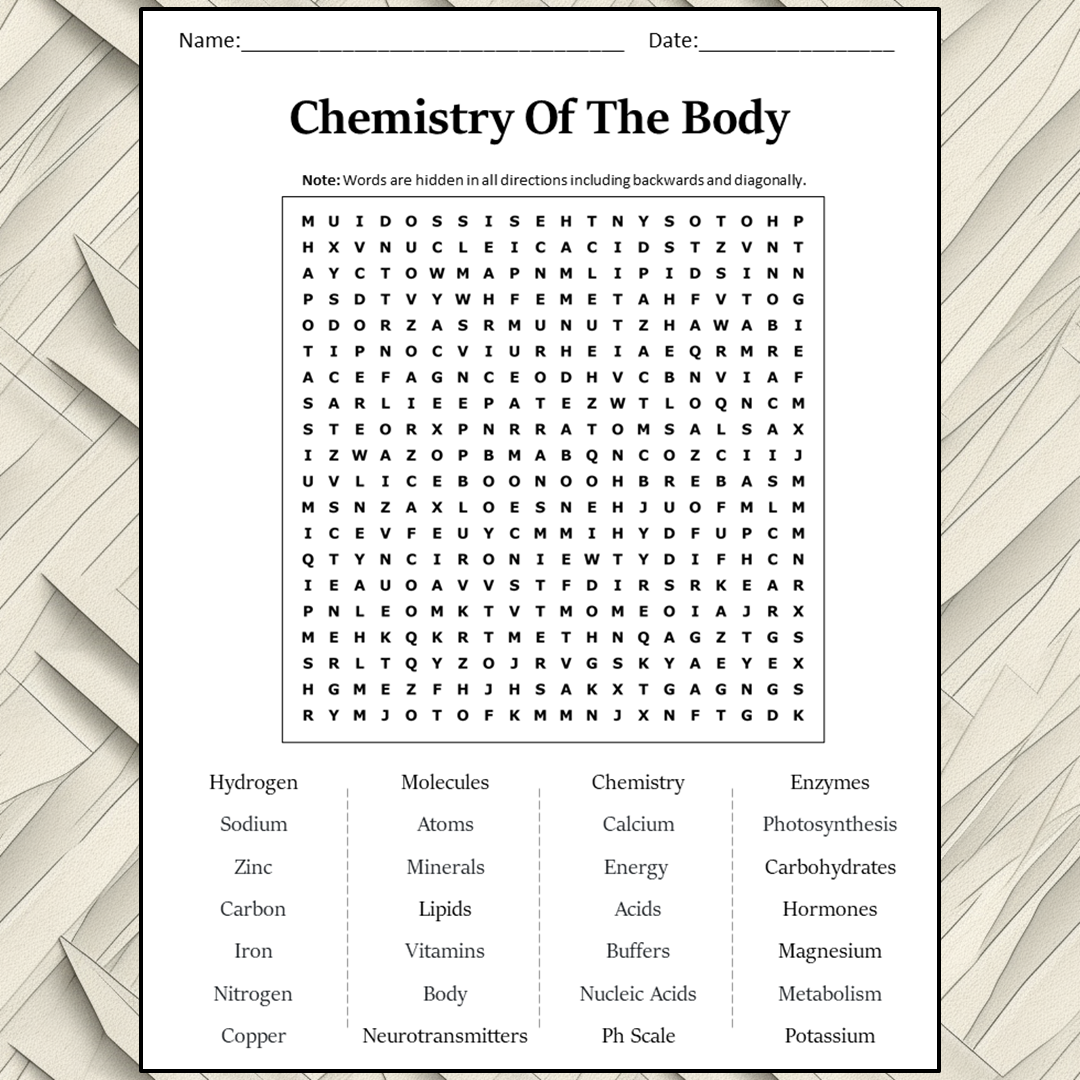 Chemistry Of The Body Word Search Puzzle Worksheet Activity PDF