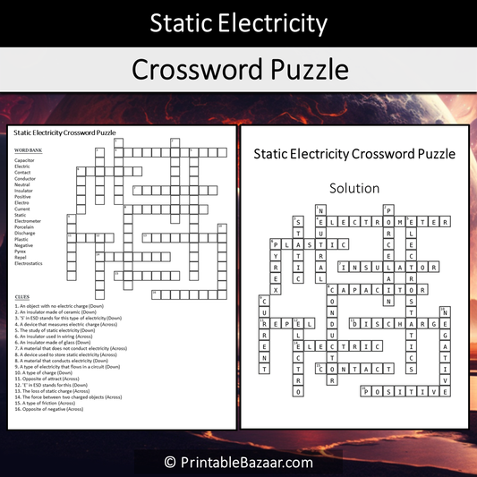 Static Electricity Crossword Puzzle Worksheet Activity Printable PDF