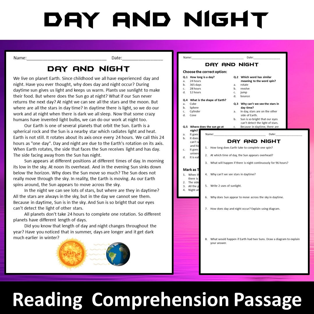 Day and Night Reading Comprehension Passage and Questions