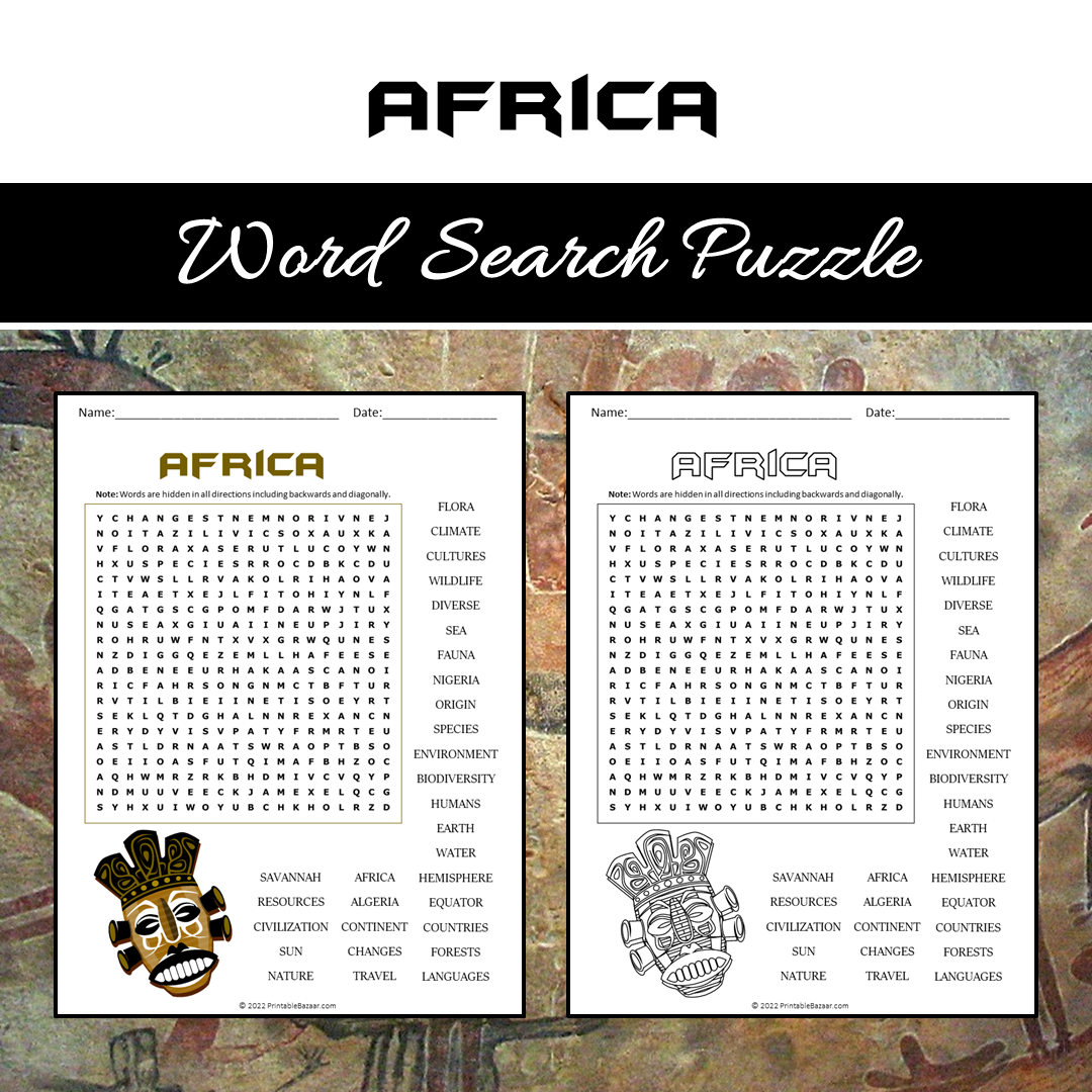 Africa Word Search Puzzle Worksheet PDF