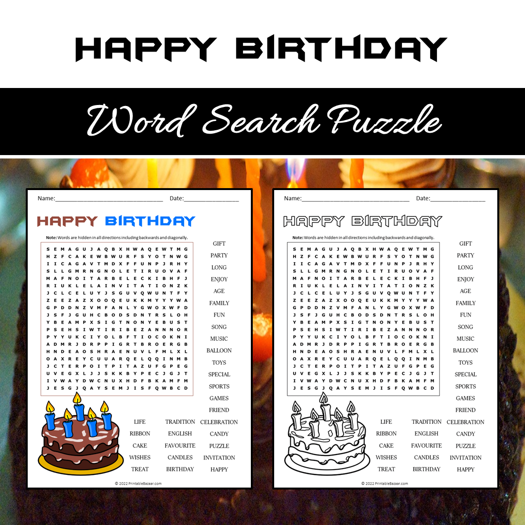 Happy Birthday Word Search Puzzle Worksheet PDF