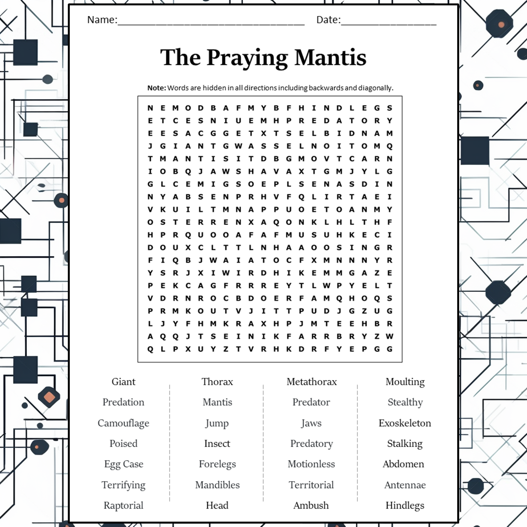 The Praying Mantis Word Search Puzzle Worksheet Activity PDF