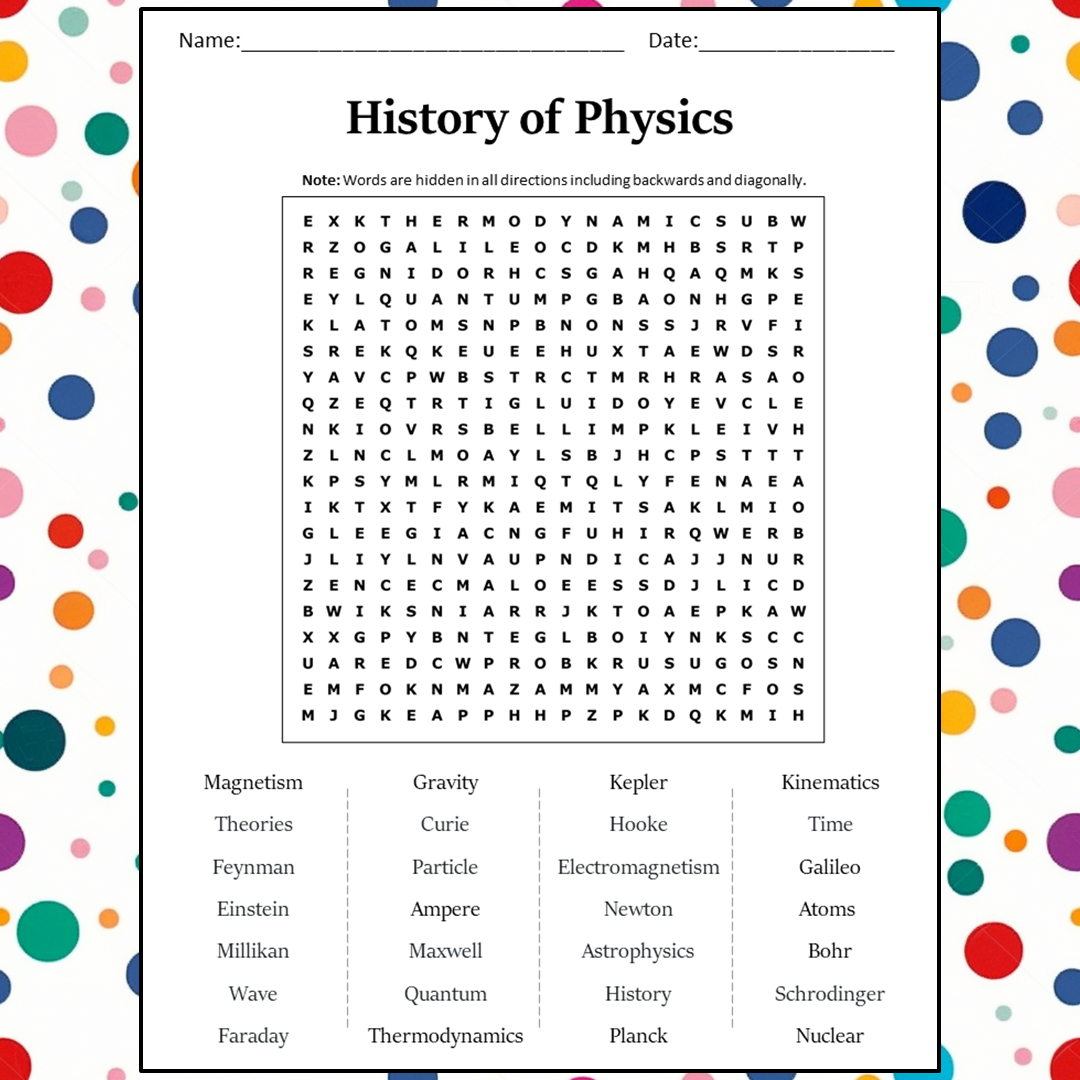 History Of Physics Word Search Puzzle Worksheet Activity PDF