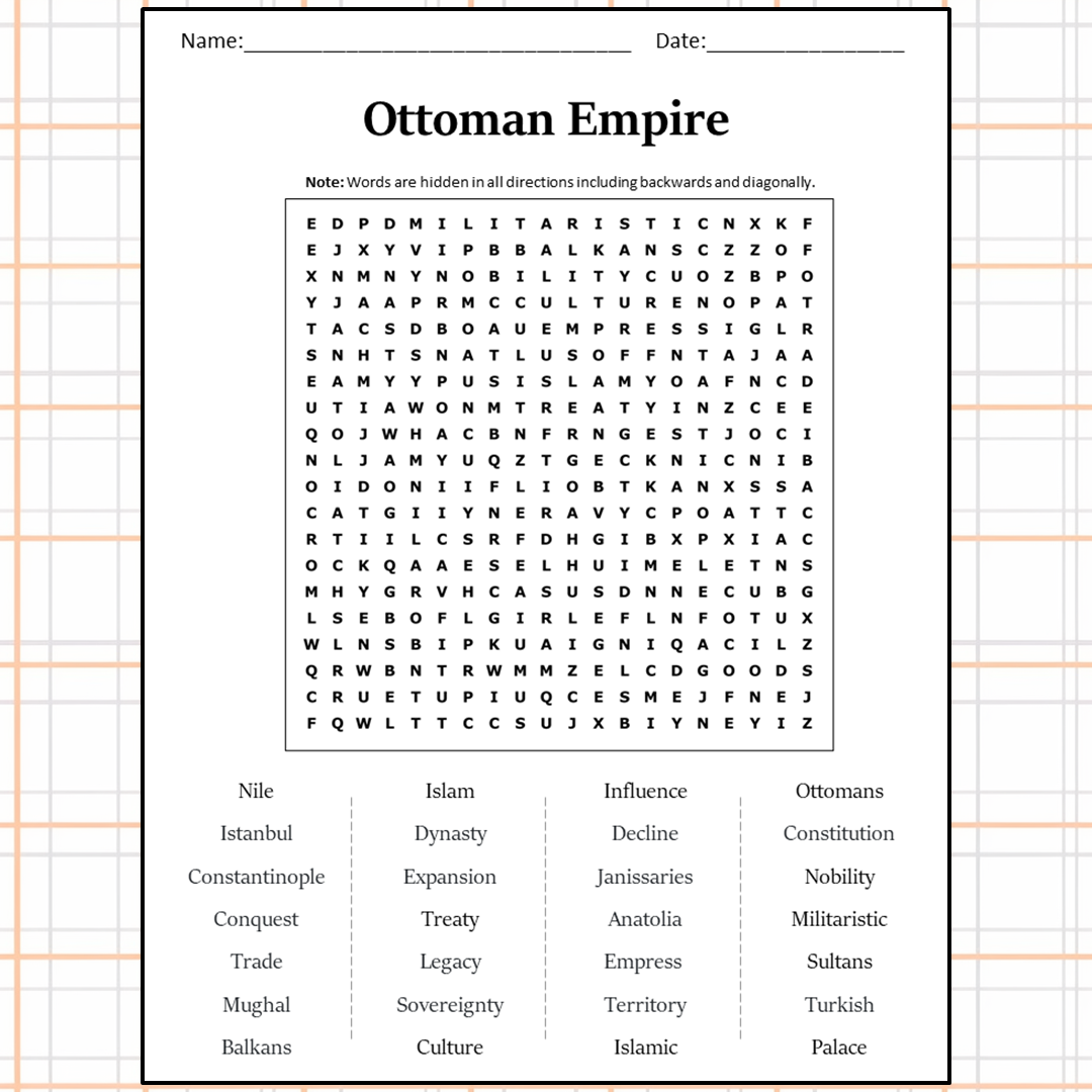 Ottoman Empire Word Search Puzzle Worksheet Activity PDF