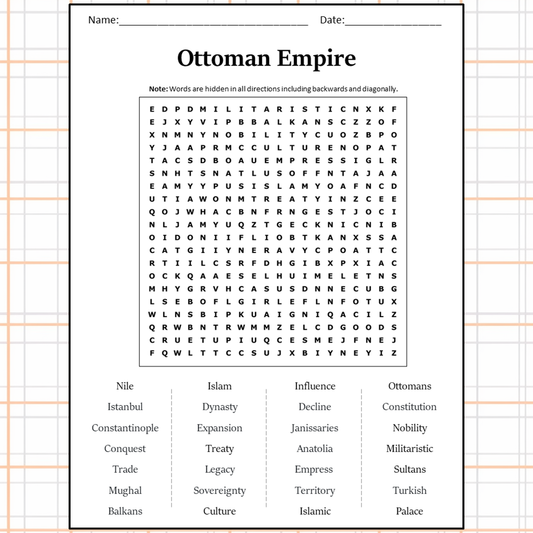 Ottoman Empire Word Search Puzzle Worksheet Activity PDF