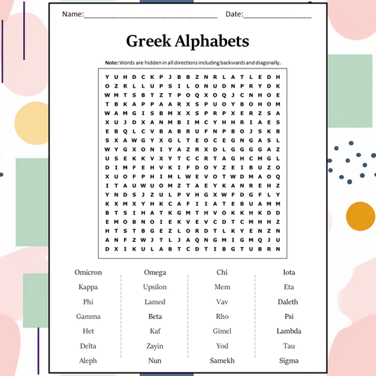 Greek Alphabets Word Search Puzzle Worksheet Activity PDF