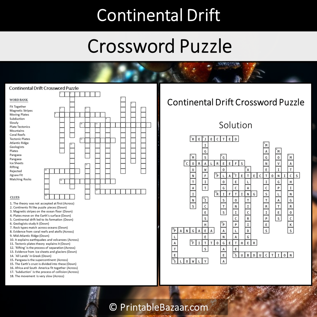 Continental Drift Crossword Puzzle Worksheet Activity Printable PDF