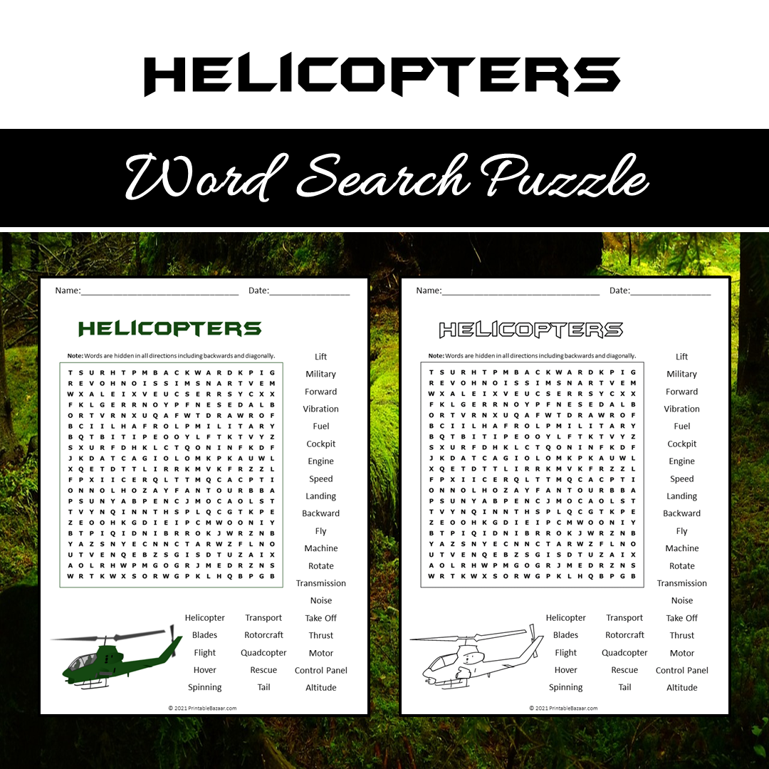 Helicopters Word Search Puzzle Worksheet PDF