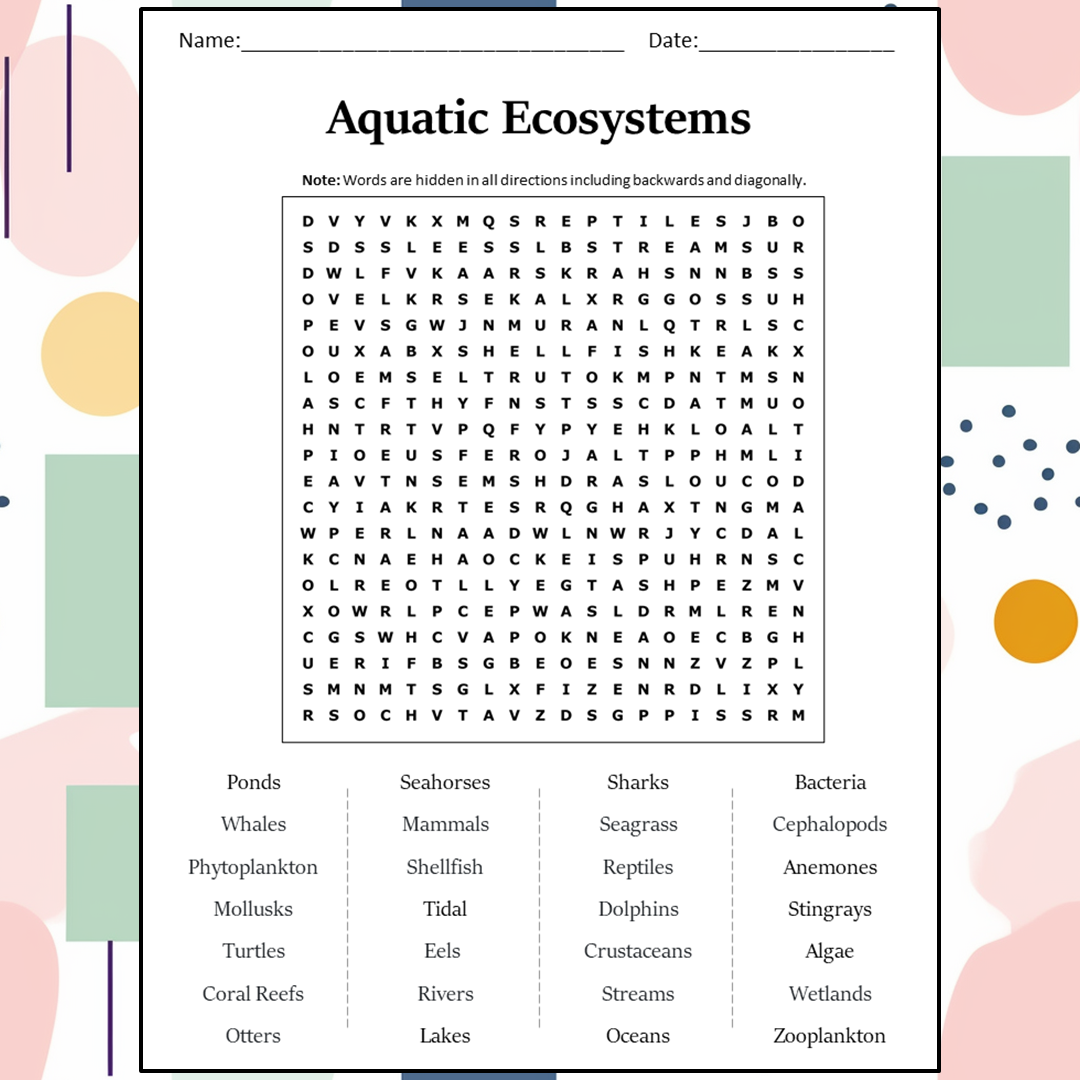 Aquatic Ecosystems Word Search Puzzle Worksheet Activity PDF