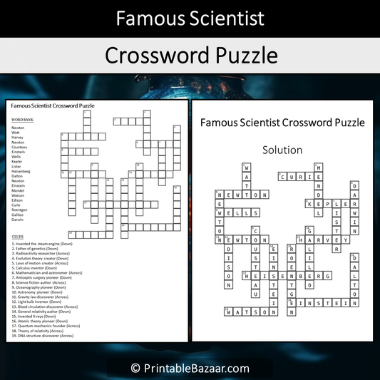 Famous Scientist Crossword Puzzle Worksheet Activity Printable PDF