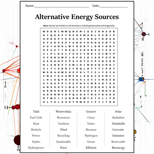 Alternative Energy Sources Word Search Puzzle Worksheet Activity PDF