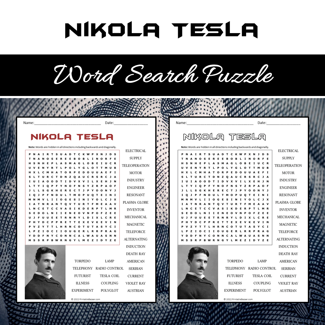 Nikola Tesla Word Search Puzzle Worksheet PDF