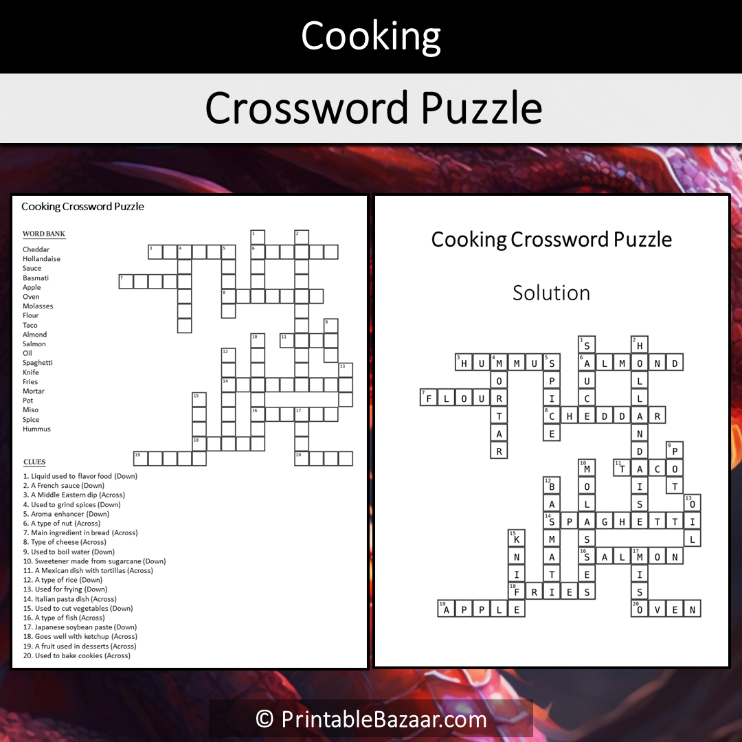 Cooking Crossword Puzzle Worksheet Activity Printable PDF