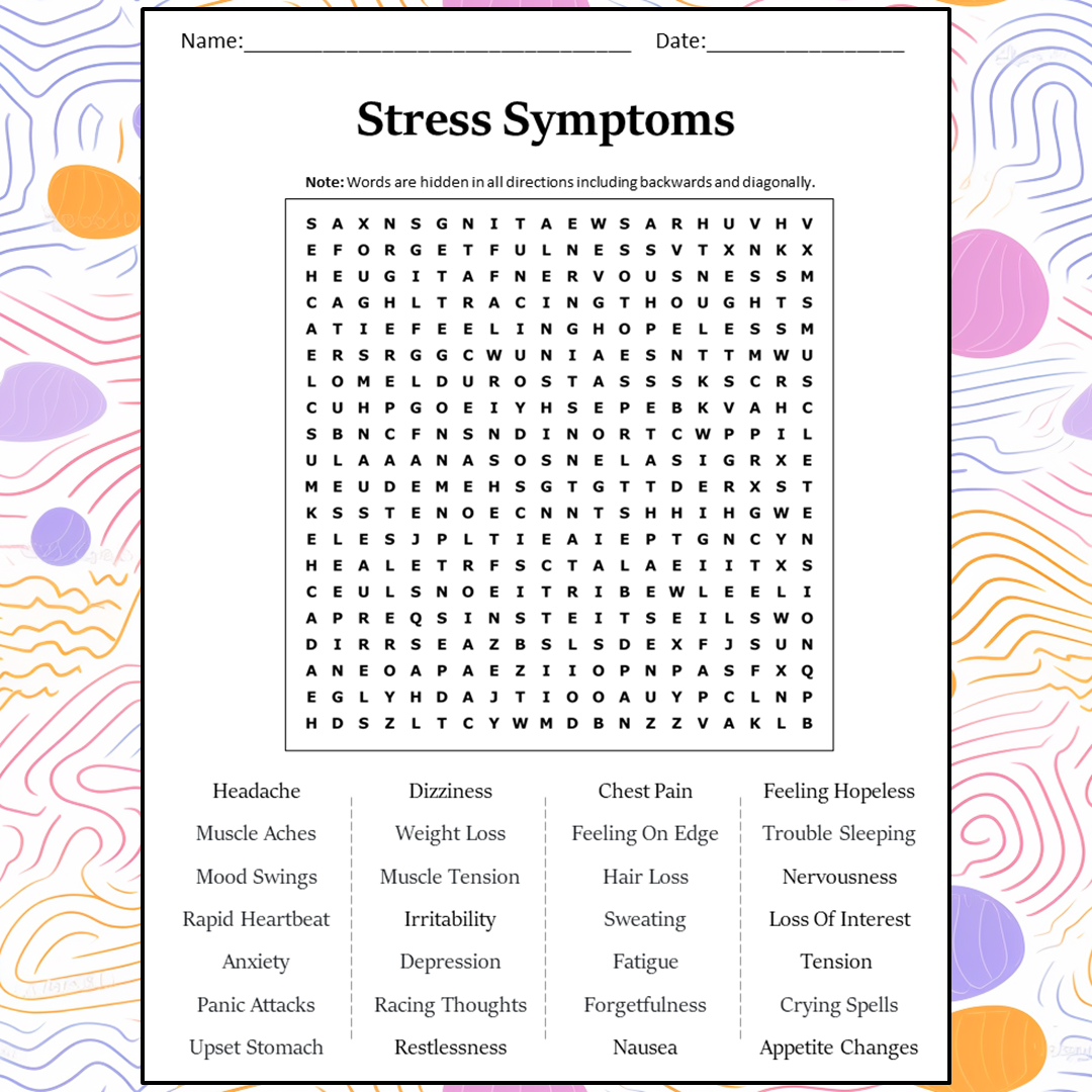 Stress Symptoms Word Search Puzzle Worksheet Activity PDF