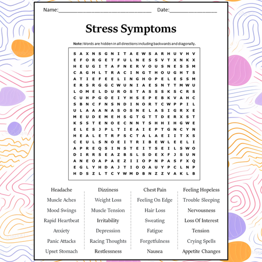 Stress Symptoms Word Search Puzzle Worksheet Activity PDF