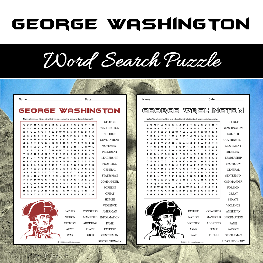 George Washington Word Search Puzzle Worksheet PDF