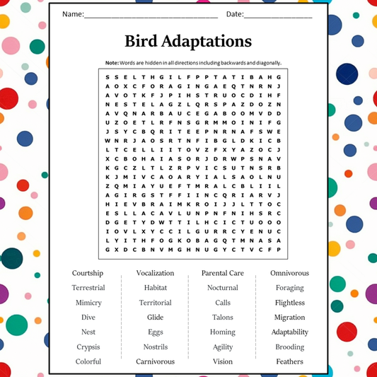 Bird Adaptations Word Search Puzzle Worksheet Activity PDF