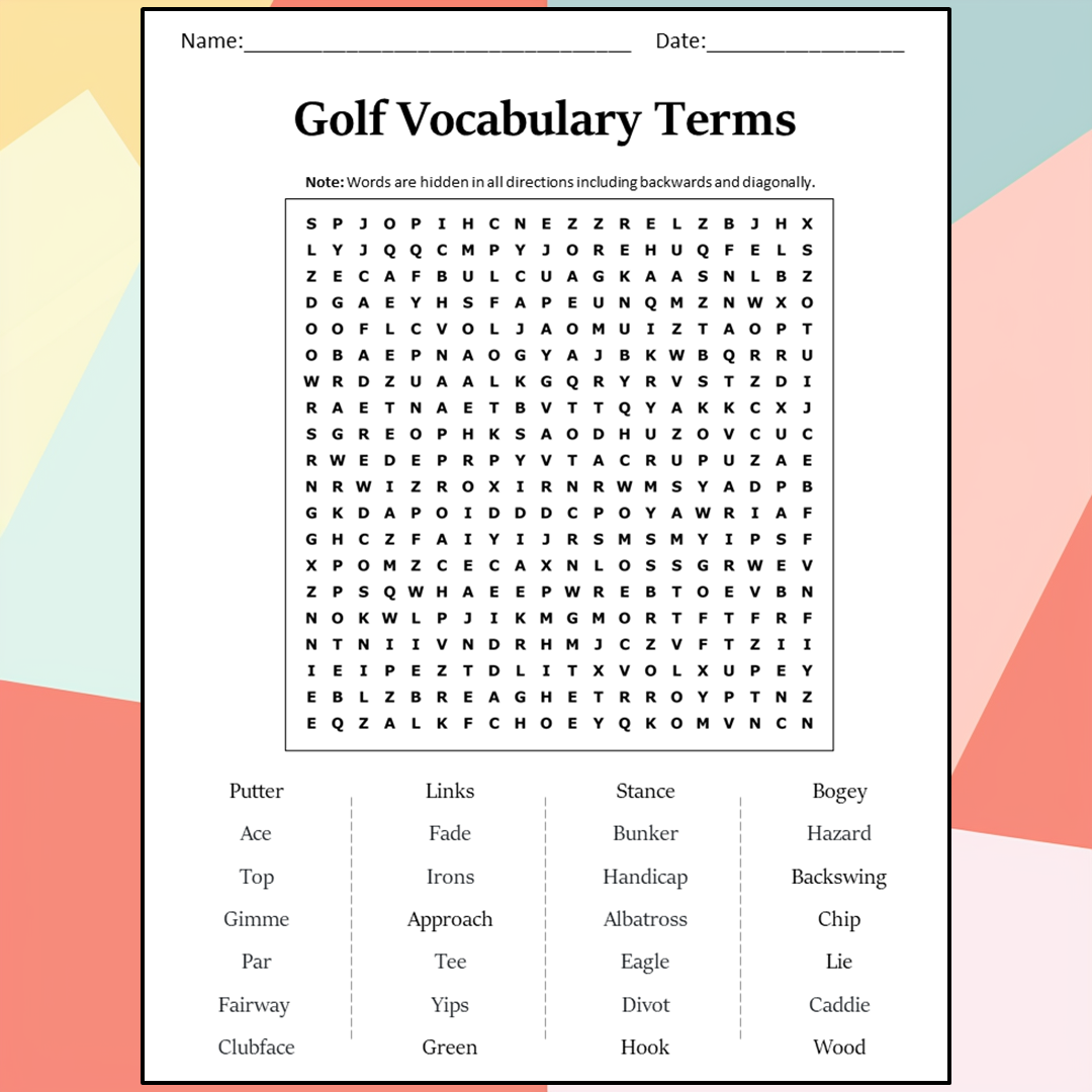 Golf Vocabulary Terms Word Search Puzzle Worksheet Activity PDF