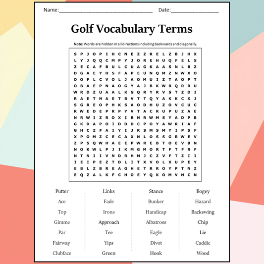 Golf Vocabulary Terms Word Search Puzzle Worksheet Activity PDF