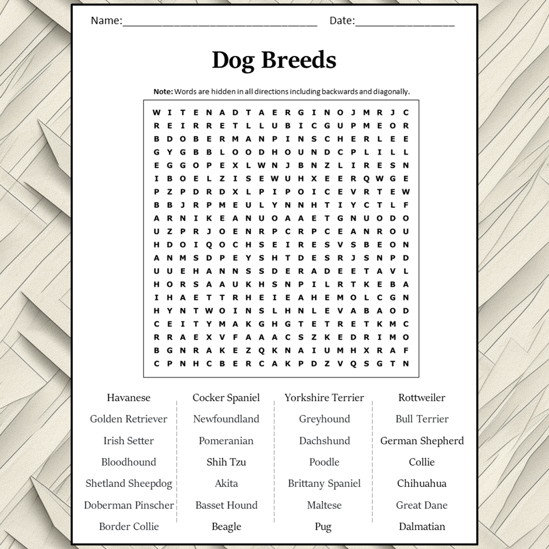 Dog Breeds Word Search Puzzle Worksheet Activity PDF