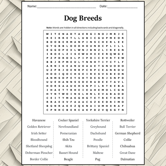 Dog Breeds Word Search Puzzle Worksheet Activity PDF