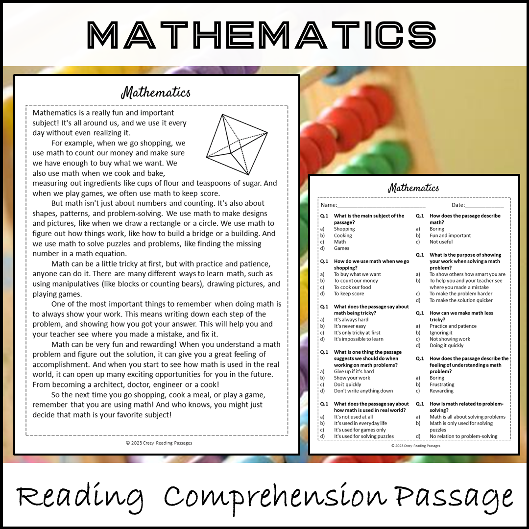 Mathematics Reading Comprehension Passage and Questions | Printable PD ...