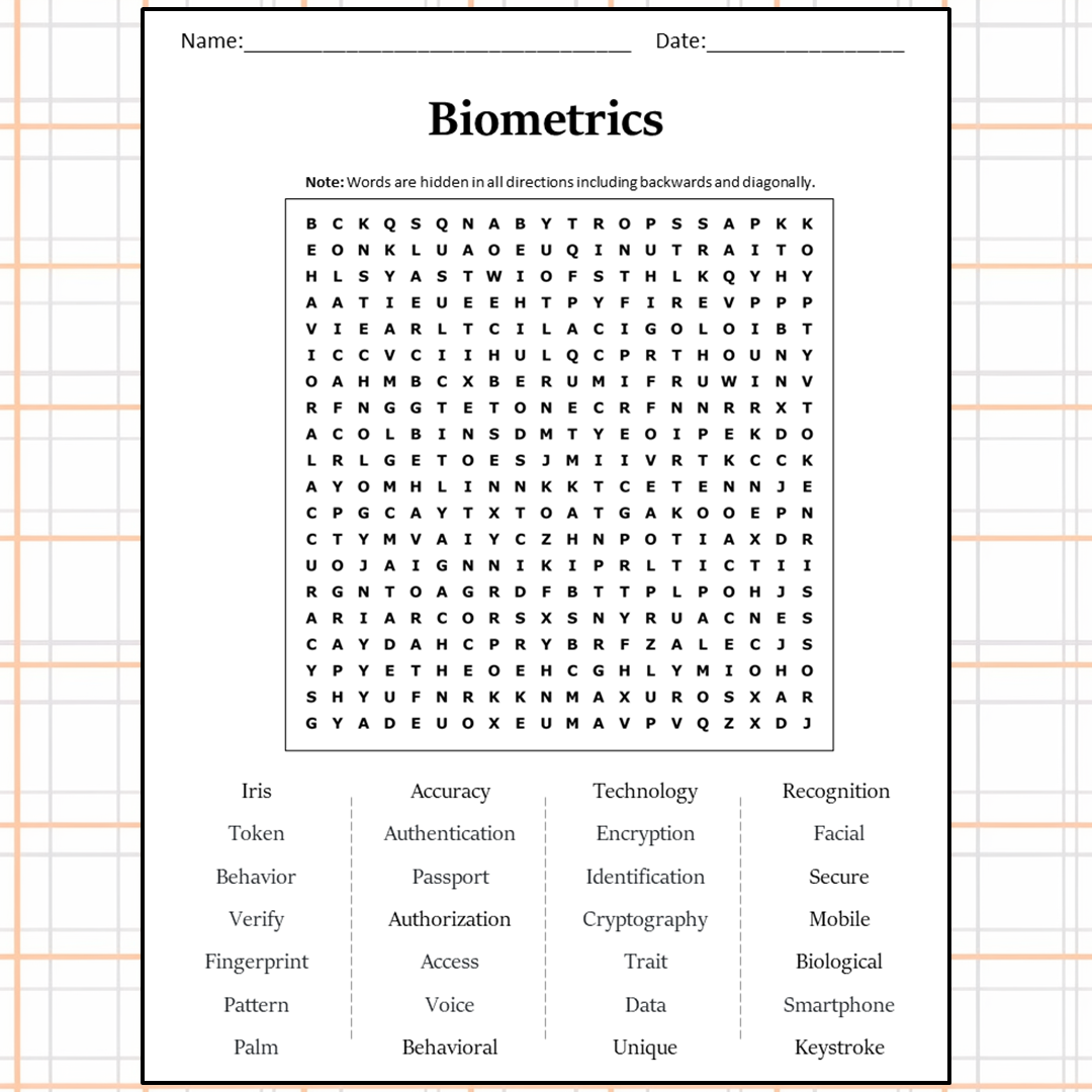 Biometrics Word Search Puzzle Worksheet Activity PDF