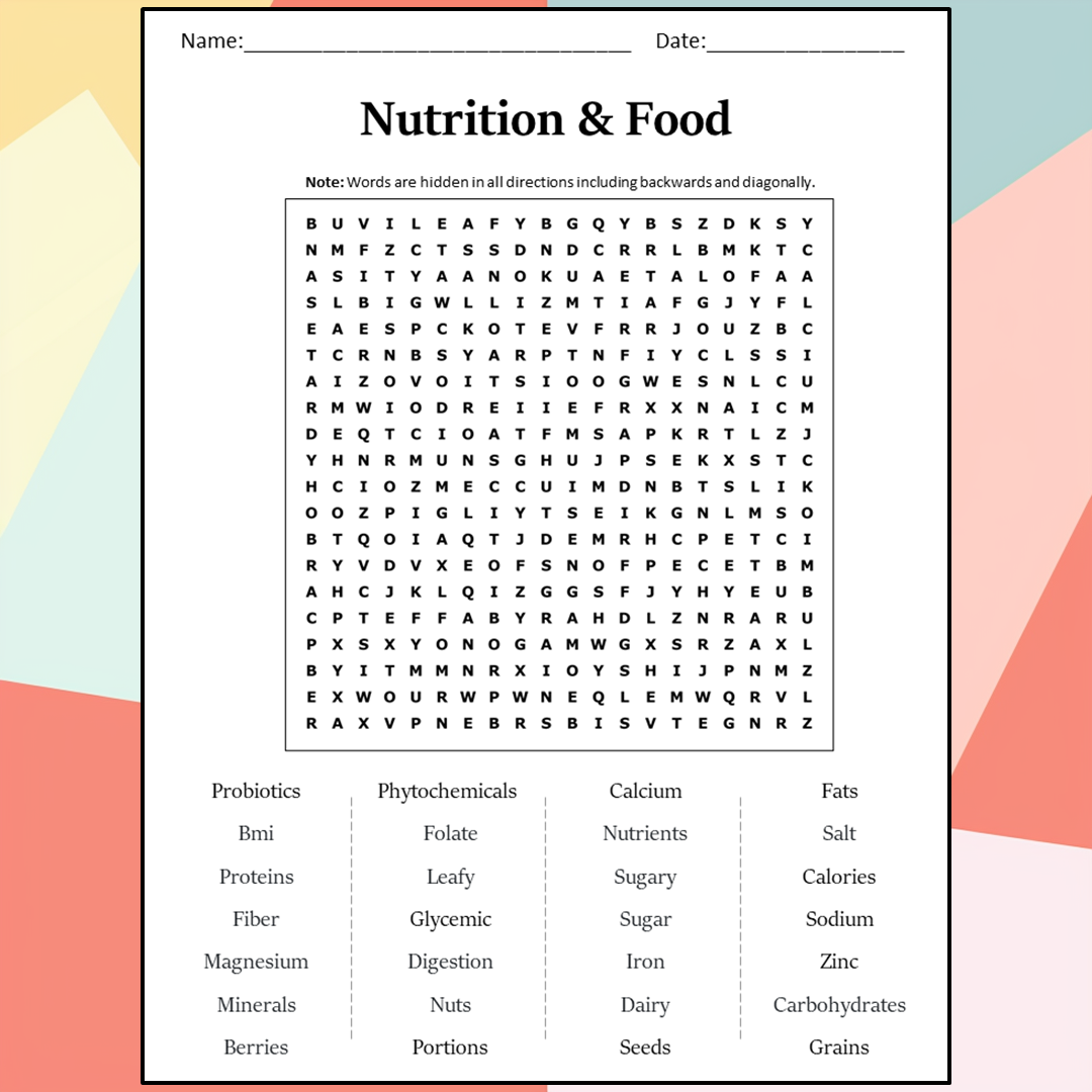 Nutrition & Food Word Search Puzzle Worksheet Activity PDF