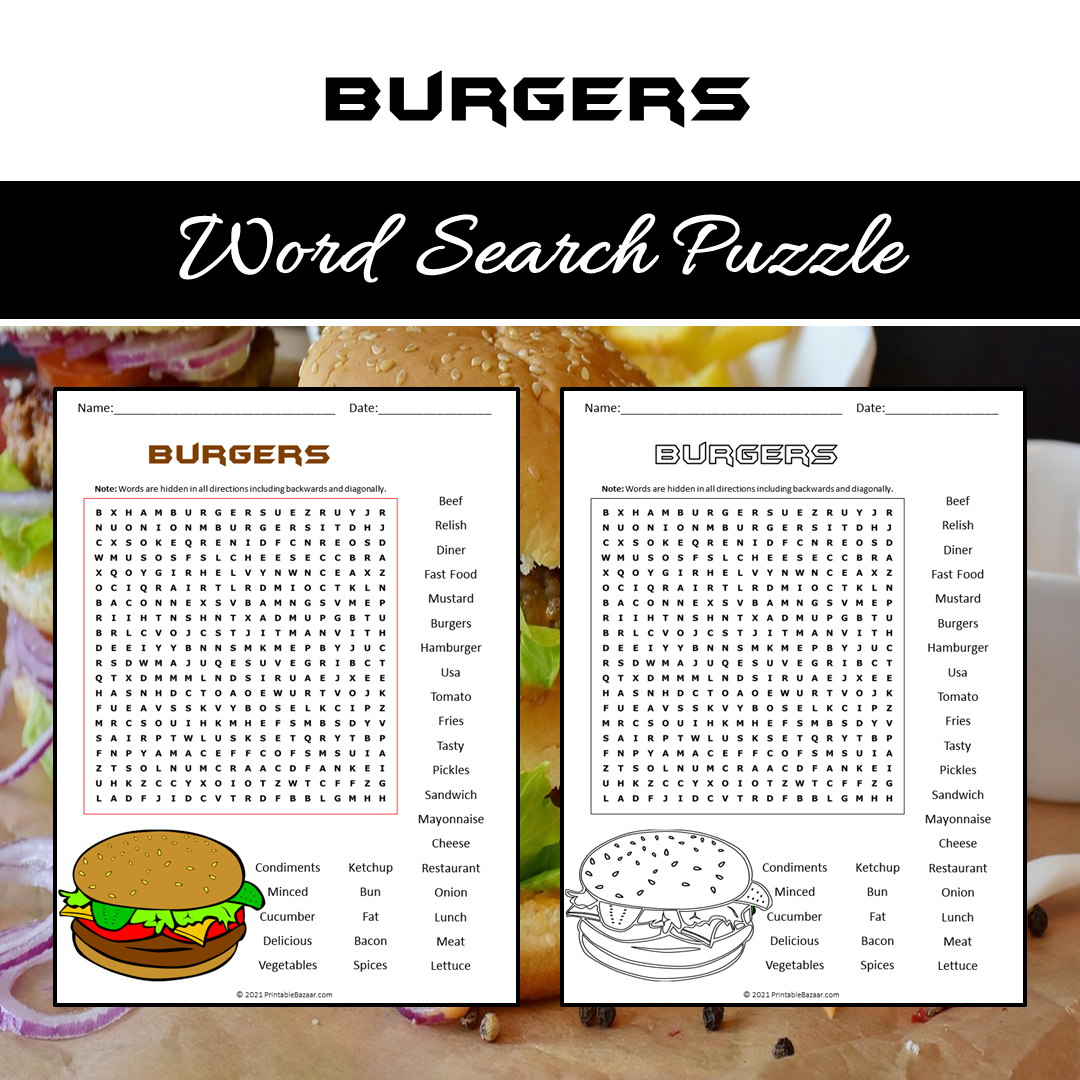 Burgers Word Search Puzzle Worksheet PDF