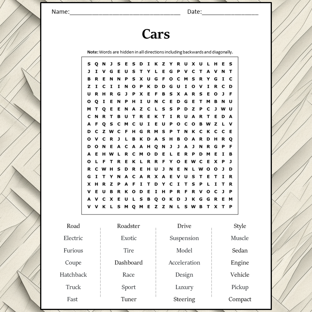 Cars Word Search Puzzle Worksheet Activity PDF