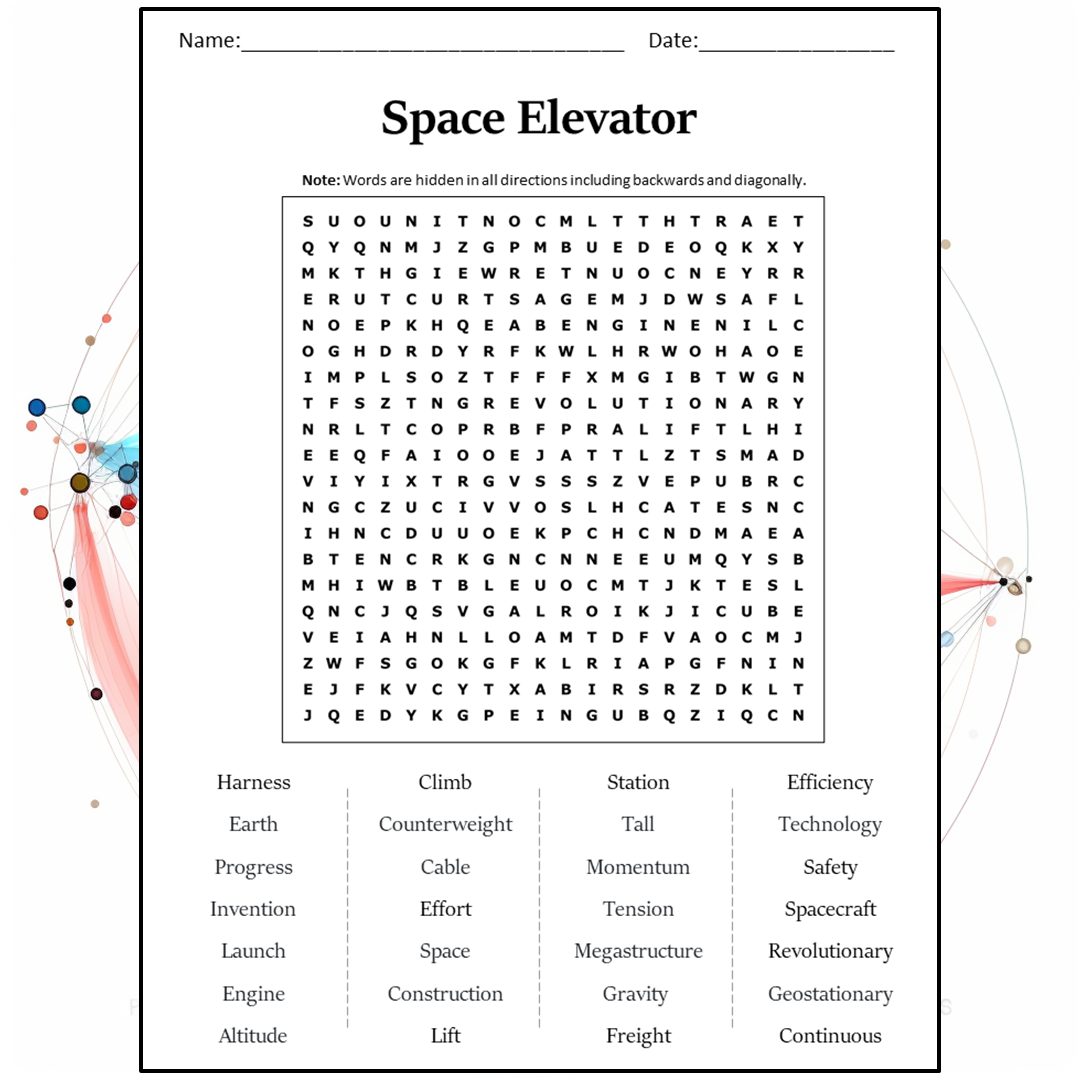 Space Elevator Word Search Puzzle Worksheet Activity PDF