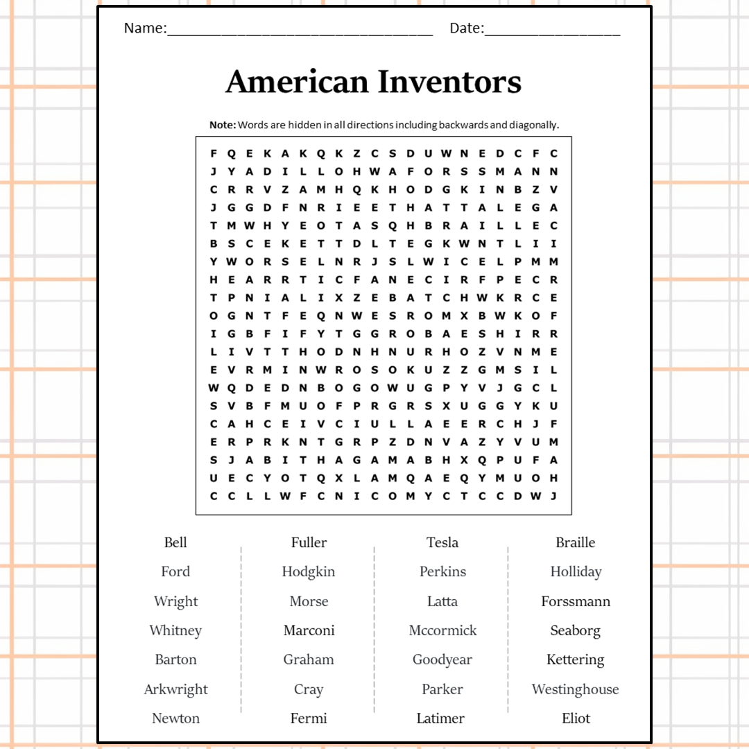 American Inventors Word Search Puzzle Worksheet Activity PDF