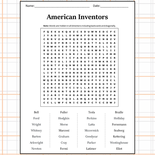 American Inventors Word Search Puzzle Worksheet Activity PDF