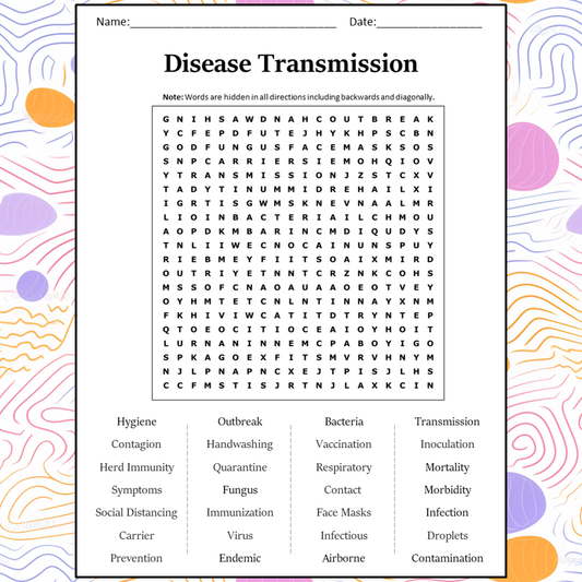 Disease Transmission Word Search Puzzle Worksheet Activity PDF