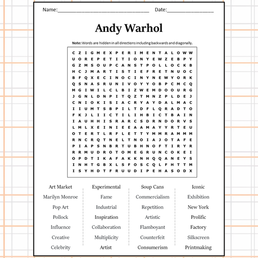Andy Warhol Word Search Puzzle Worksheet Activity PDF