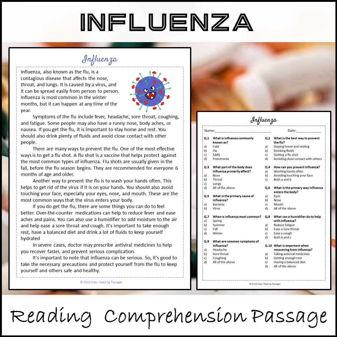 Influenza Reading Comprehension Passage and Questions | Printable PDF