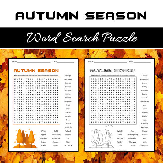 Autumn Season Word Search Puzzle Worksheet PDF