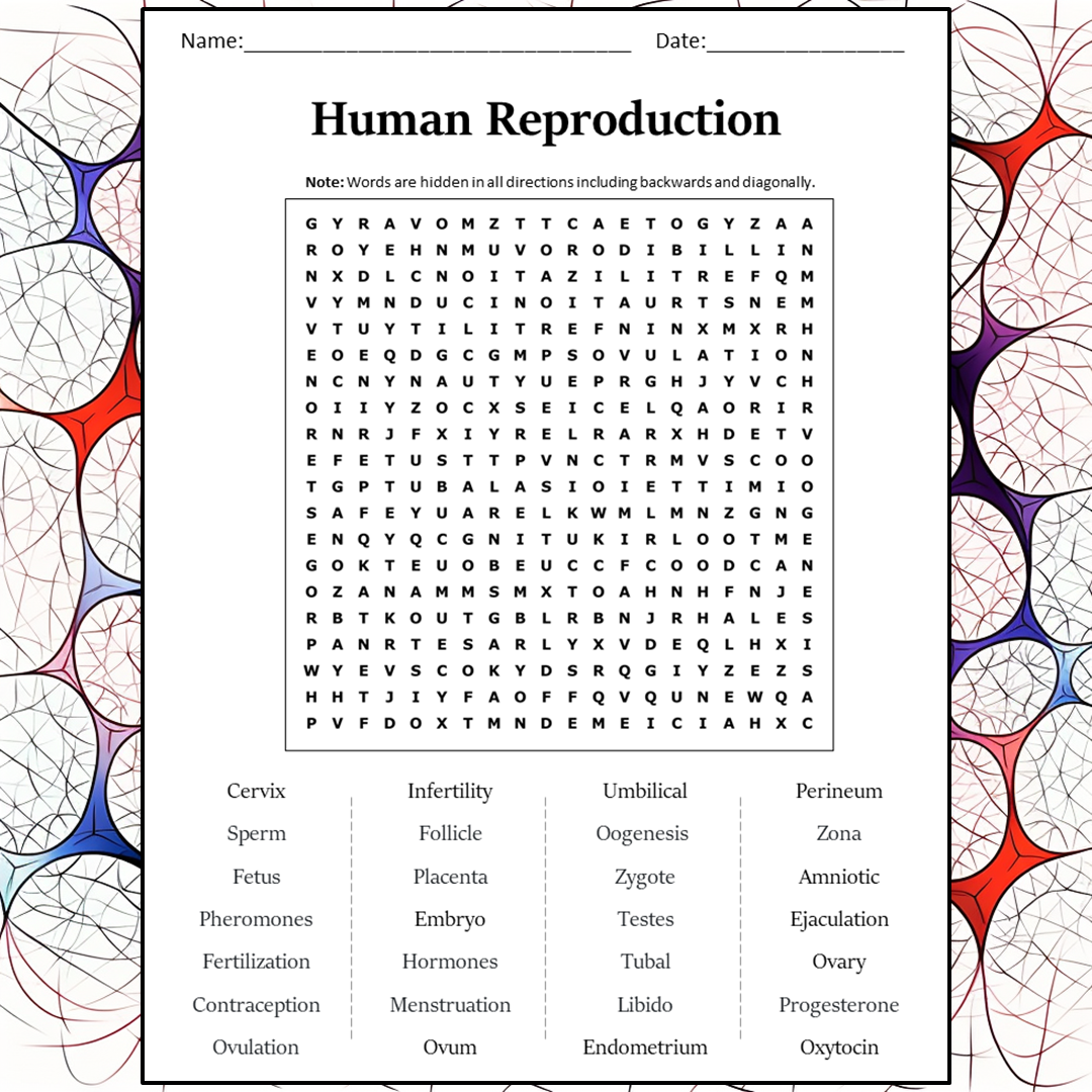 Human Reproduction Word Search Puzzle Worksheet Activity PDF