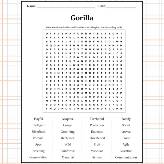 Gorilla Word Search Puzzle Worksheet Activity PDF