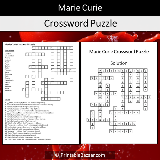 Marie Curie Crossword Puzzle Worksheet Activity Printable PDF