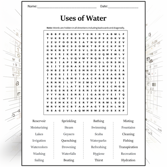 Uses Of Water Word Search Puzzle Worksheet Activity PDF