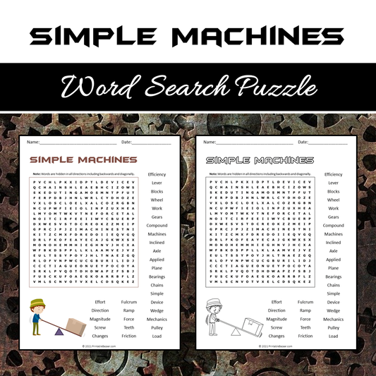 Simple Machines Word Search Puzzle Worksheet PDF