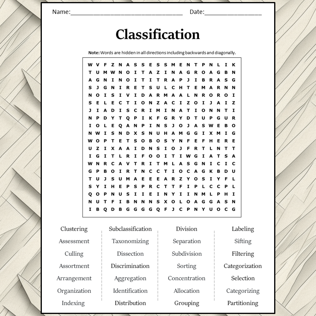 Classification Word Search Puzzle Worksheet Activity PDF