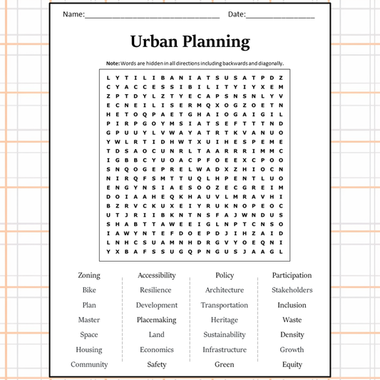 Urban Planning Word Search Puzzle Worksheet Activity PDF