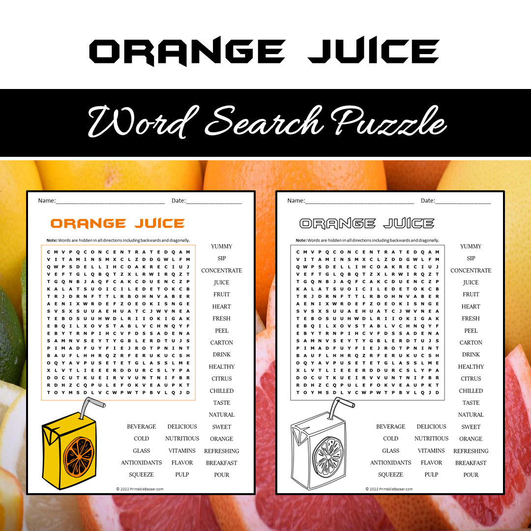 Orange Juice Word Search Puzzle Worksheet PDF