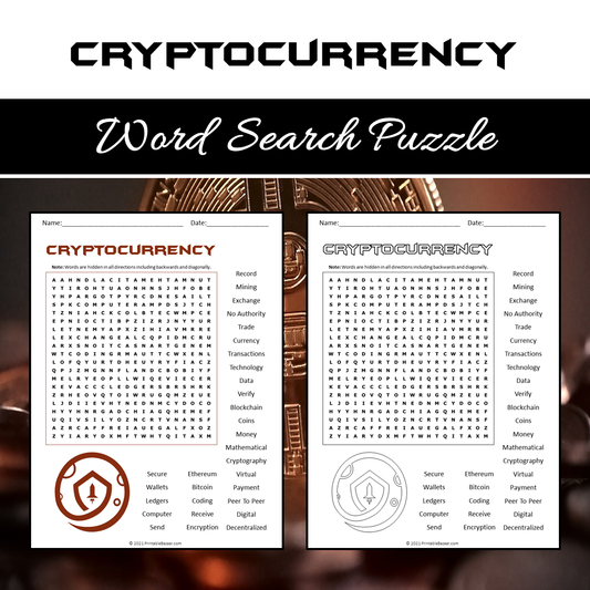 Cryptocurrency Word Search Puzzle Worksheet PDF